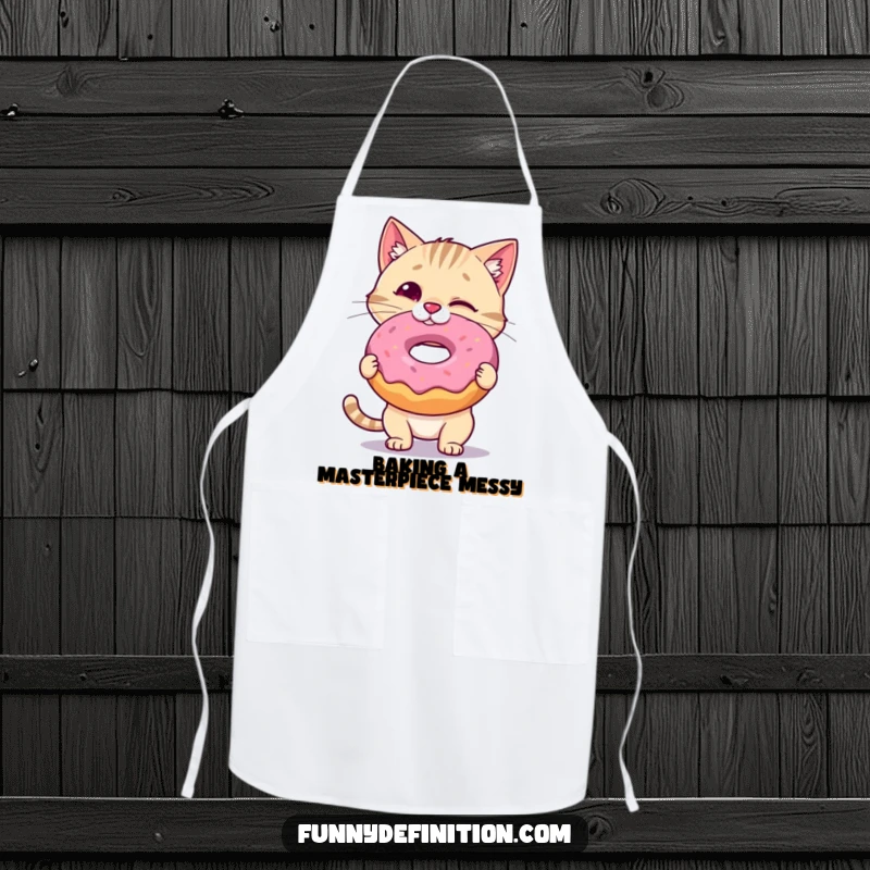Funny Cat Apron: A wobbly cat balances a giant donut on its nose while baking, a humorous kitchen accessory and funny gift.