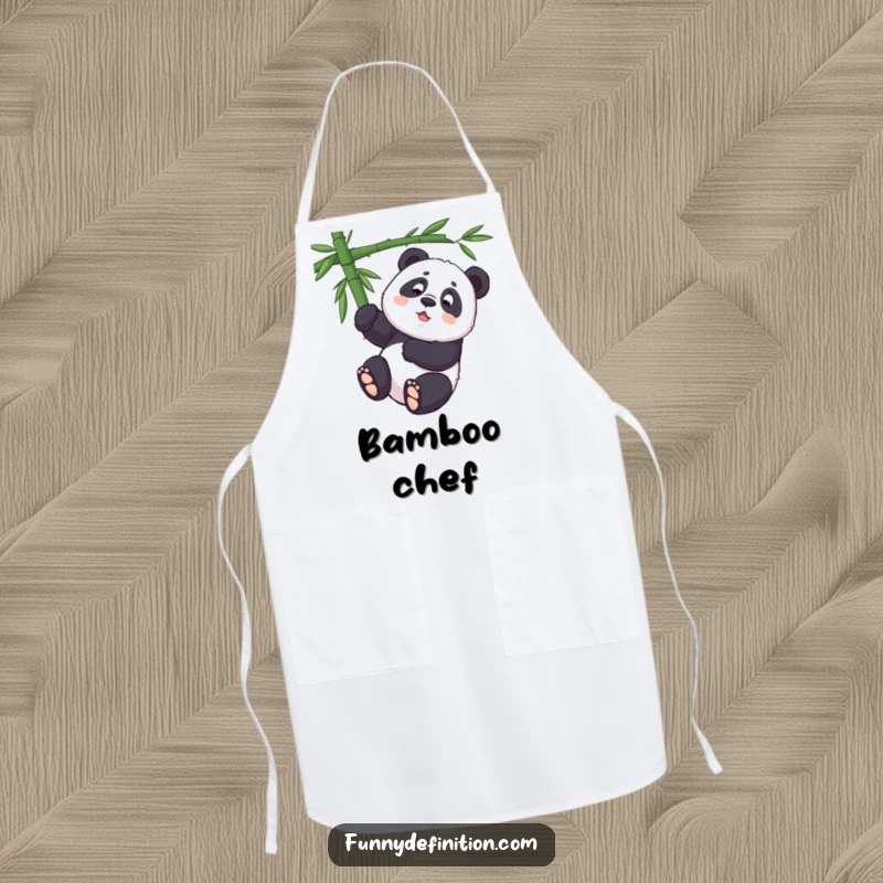 Funny panda trying to hang upside down from a bamboo branch, featured on a humorous kitchen apron.