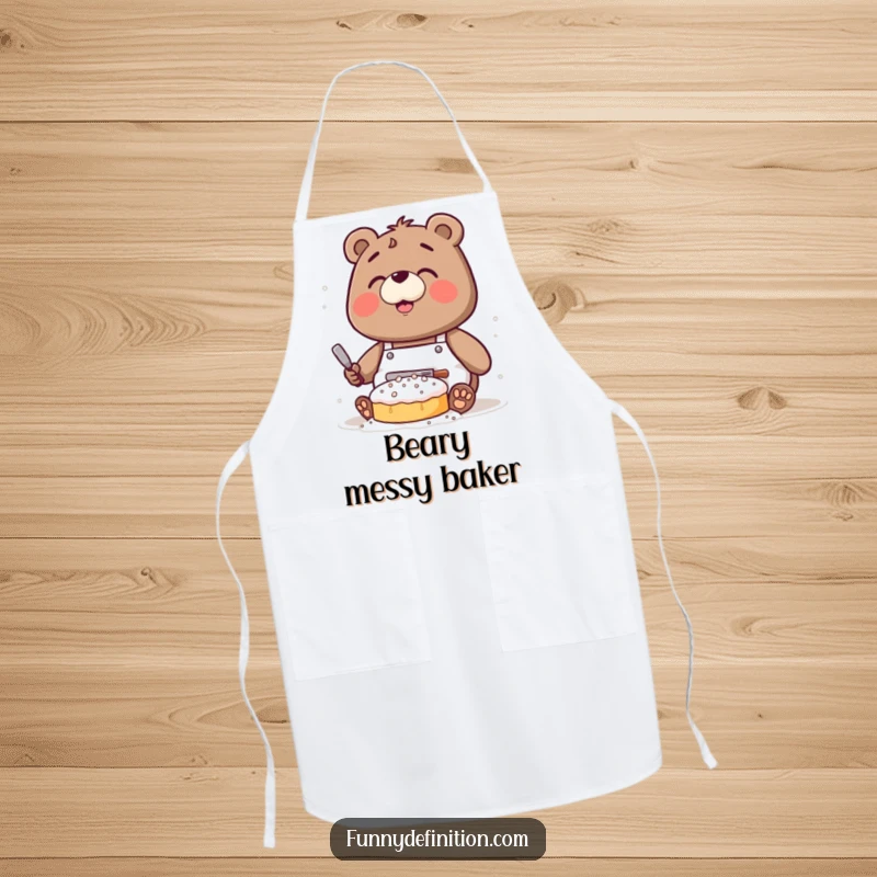 Funny apron showing a clumsy bear wearing an apron, covered in flour while baking a cake.