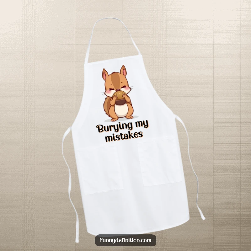 Funny apron depicting a nervous squirrel attempting to hide a large nut, bringing hoarding humor to kitchen activities.