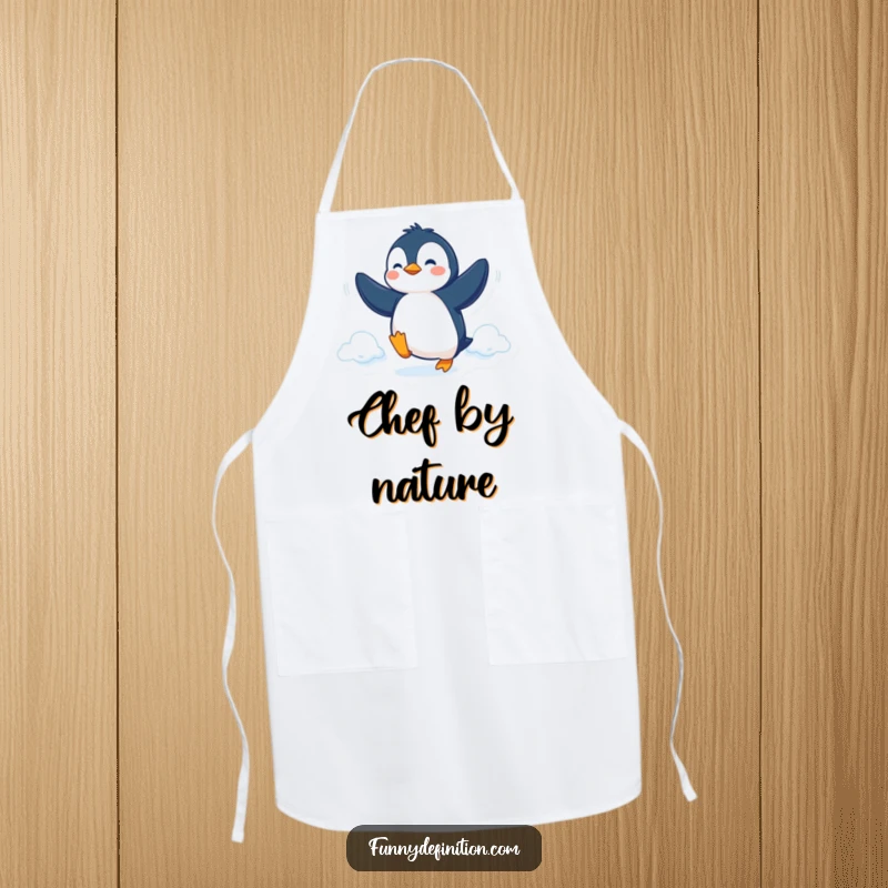 Funny Apron depicting a determined penguin trying to fly with its flippers, perfect for a humorous cooking experience.
