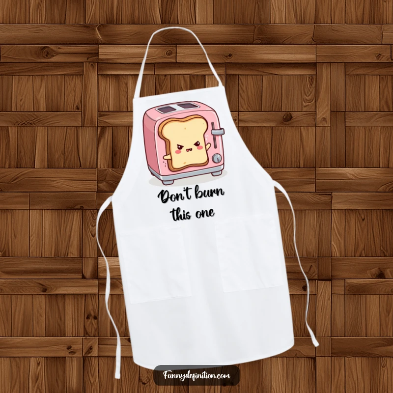 Funny apron with sentient toast escaping a toaster, determined expression, practical kitchen wear with humorous breakfast theme.