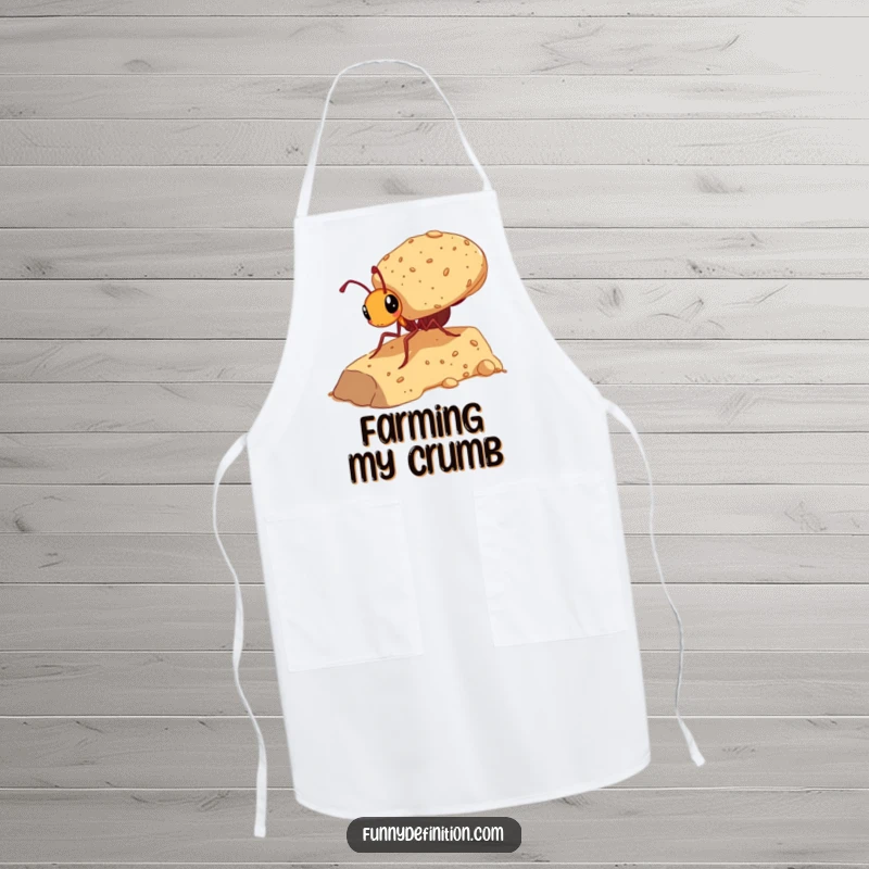 Funny apron showing a determined ant carrying a giant crumb, perfect for kitchen humor enthusiasts and home chefs.