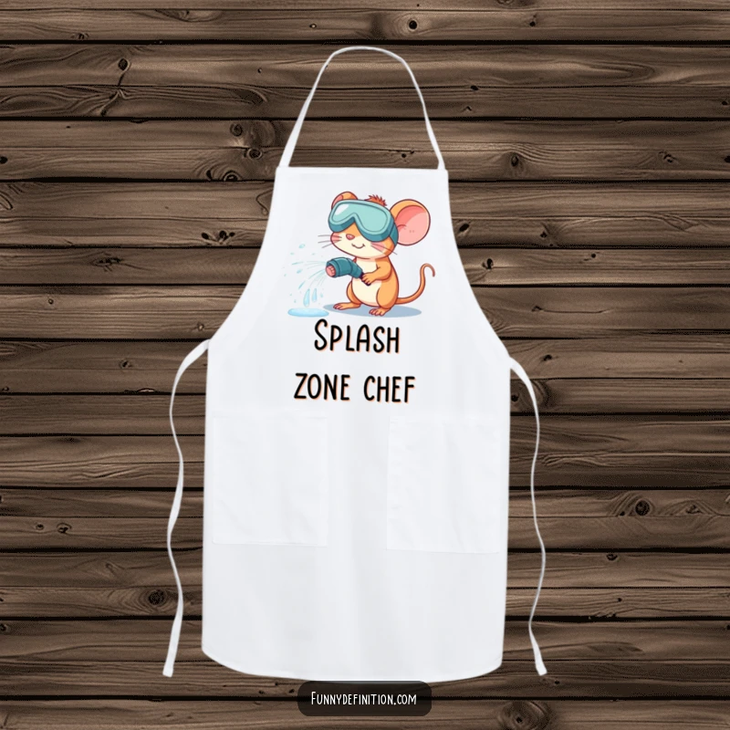 Funny apron featuring a mouse in large goggles accidentally spraying water from a hose, perfect for adding humor to cooking.