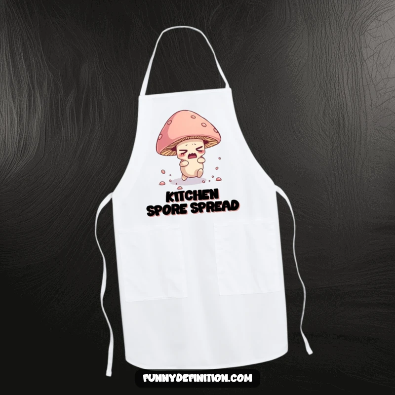 Funny kitchen apron showing a nervous mushroom character tripping over its cap, scattering spores.