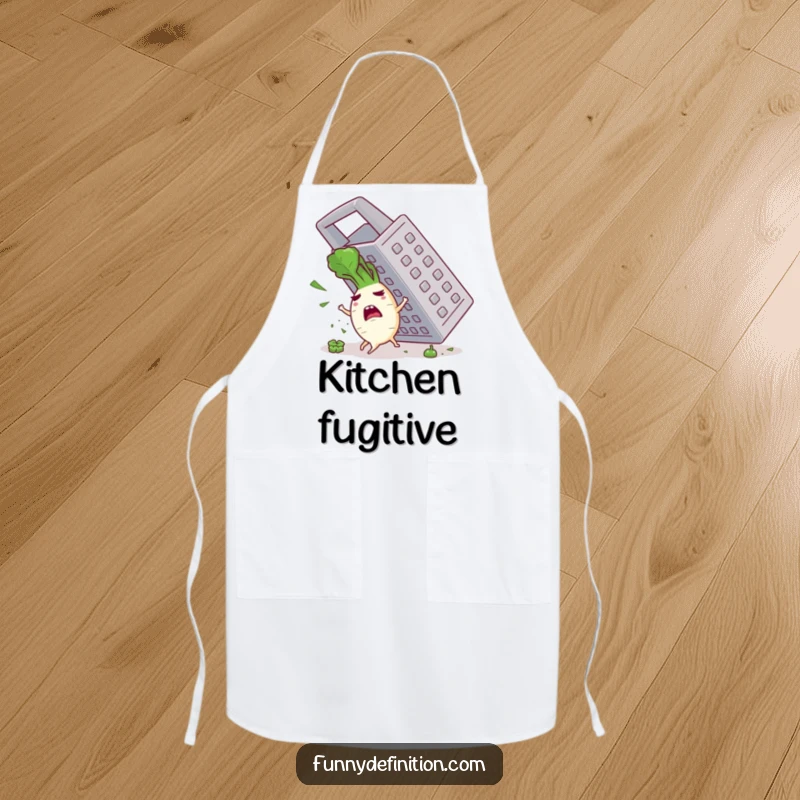 Funny apron illustration of a panicked radish character actively escaping a giant grater, adding humor to kitchen tasks.