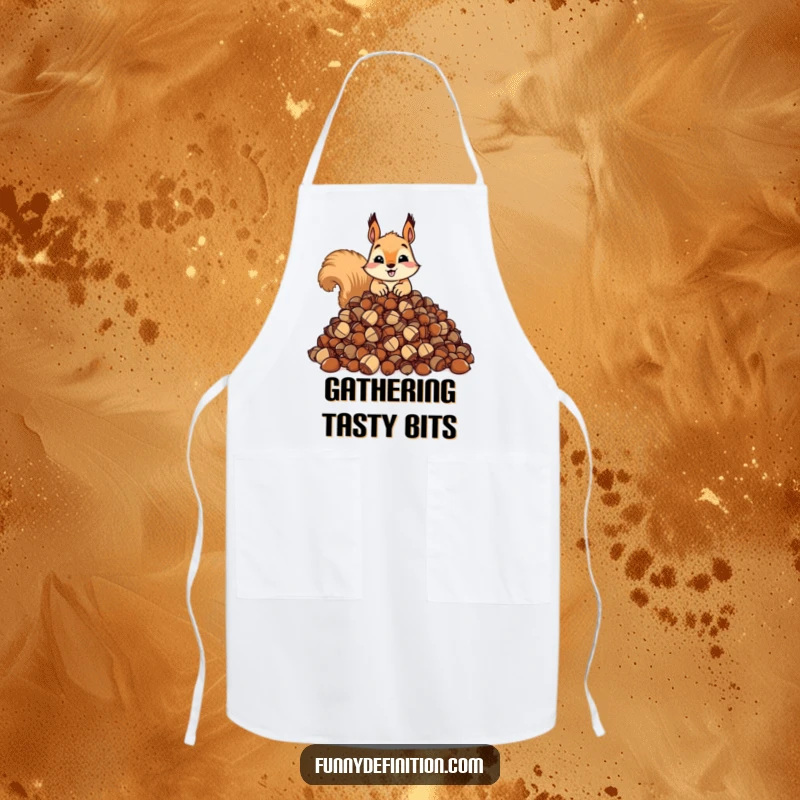 Funny apron depicting a squirrel hoarding a massive pile of acorns. Useful and humorous kitchen wear.