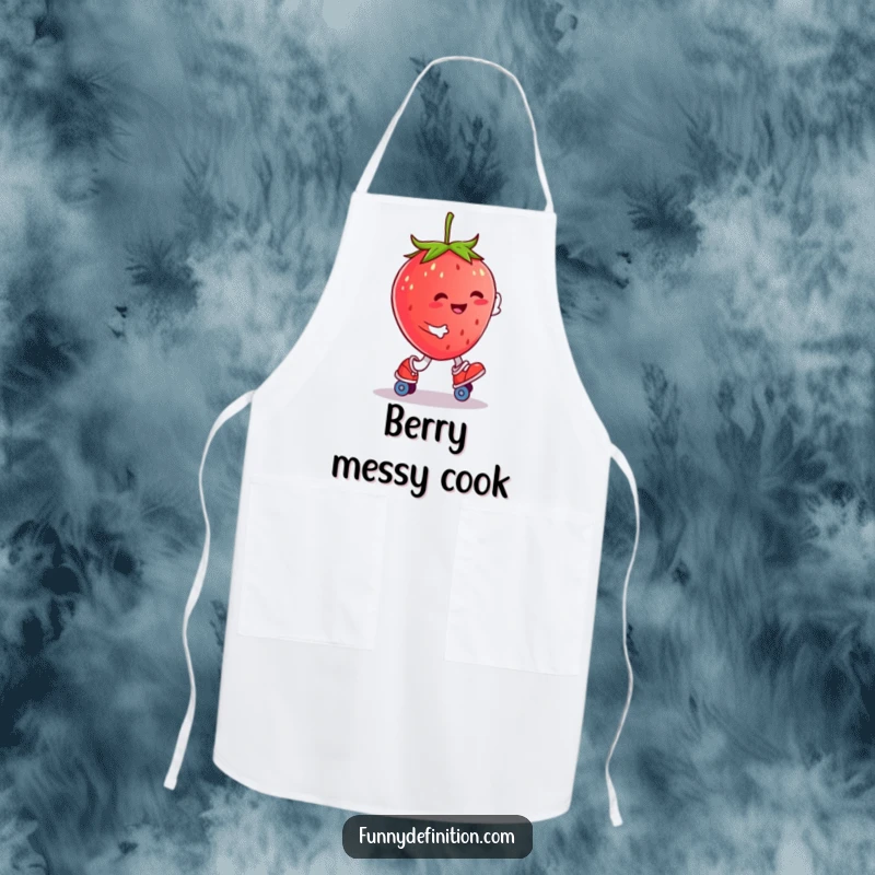 Funny smiling strawberry character roller skating, featured on a humorous kitchen apron.
