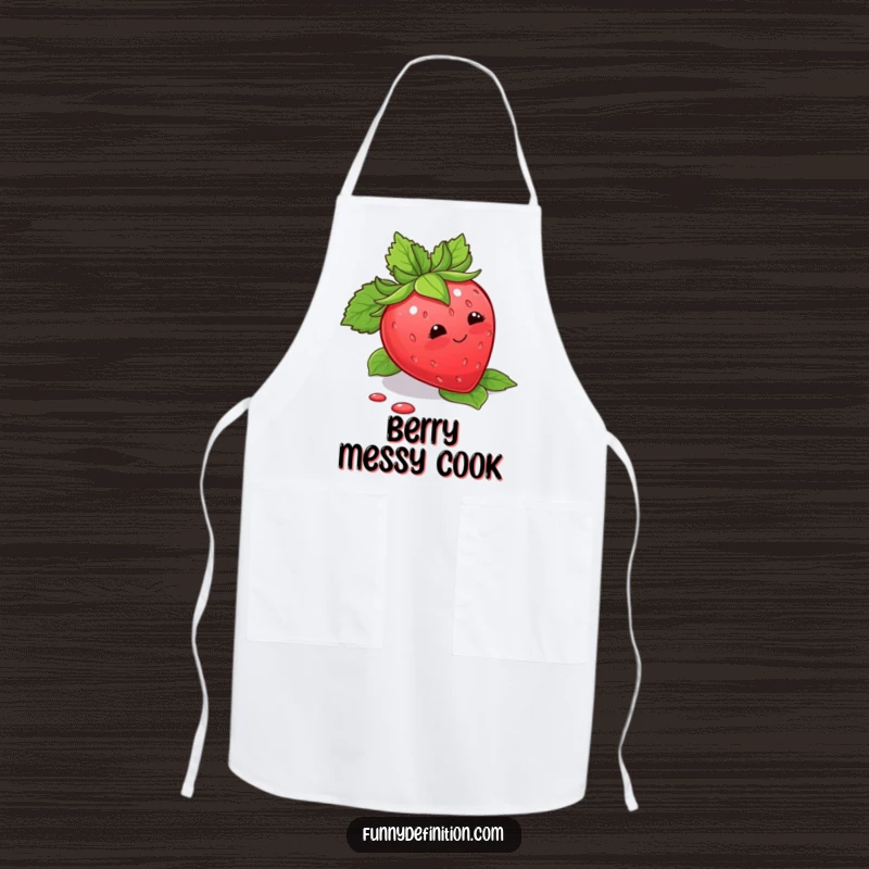 Funny Apron depicting a blushing strawberry tripping over its leaves, perfect for a humorous cooking experience.