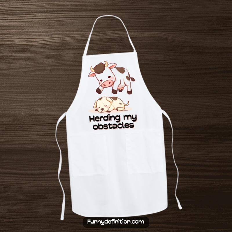 Funny apron depicting a cow attempting to jump over a small sleeping dog, perfect for humorous kitchen activities.