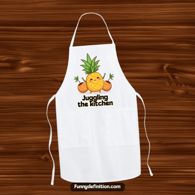 Funny apron showing a cheerful pineapple juggling coconuts, perfect for adding fun to cooking and baking.