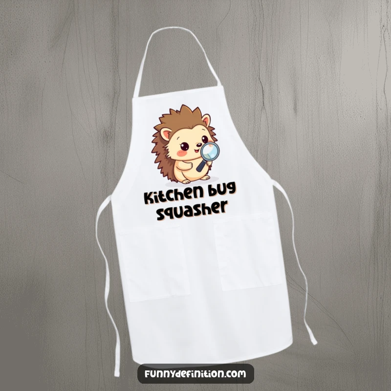 Funny apron design with a hedgehog inspecting code with a magnifying glass, ideal for programmers who enjoy cooking or tinkering.