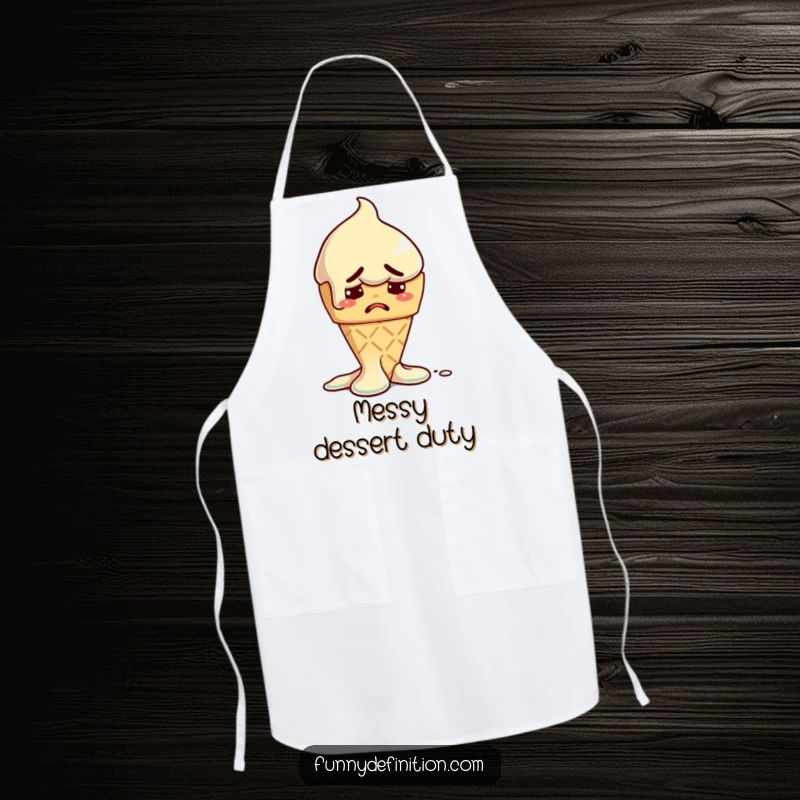 Funny apron showing a melting ice cream cone with a worried expression, bringing sweet humor to kitchen activities.