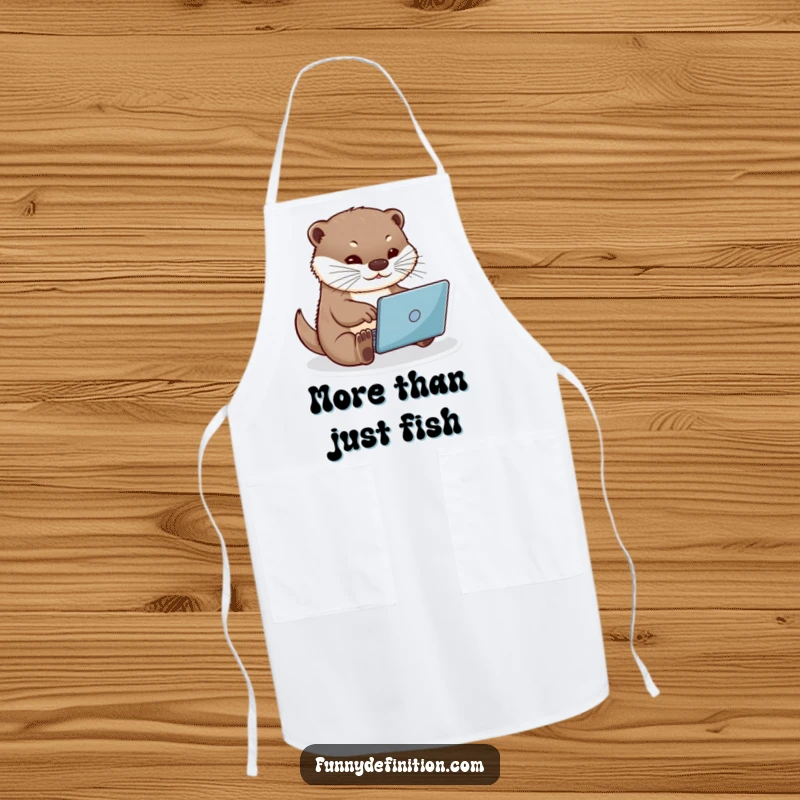 Funny otter typing on a miniature laptop, printed on a durable apron, great for chefs and baking enthusiasts, funny gift apron.
