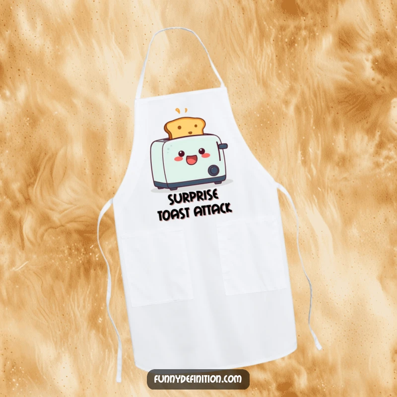 Funny apron featuring a piece of toast popping out of a toaster in a state of shock, bringing breakfast humor to cooking.