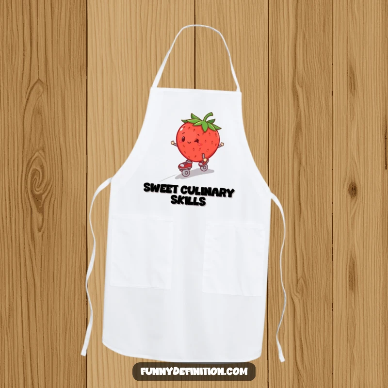 Funny plump strawberry wearing roller skates, wobbling down a hill, on a functional kitchen apron.