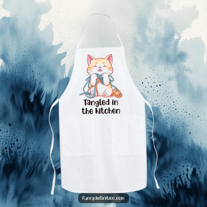 Funny apron showing a cat hilariously tangled in yarn, perfect for kitchen protection and humorous cooking.