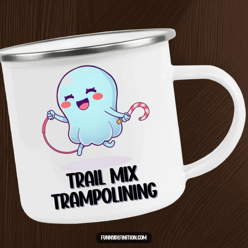 Funny enamel camping mug with a wobbly jelly character jump roping with a licorice whip, great for outdoor humor.