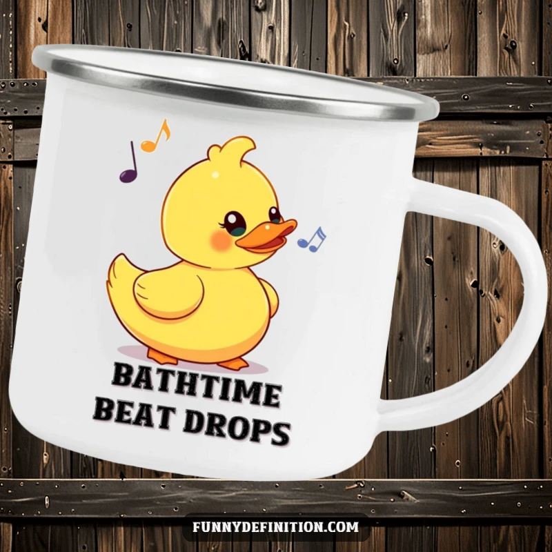 Funny camping mug with a yellow rubber duck comically bobbing its head to an imaginary beat, ready for your outdoor tunes.