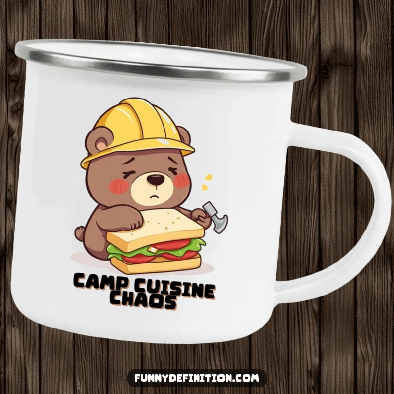 Funny camping mug with a confused bear wearing a construction helmet, hilariously trying to build a sandwich using a hammer, ready for adventures.