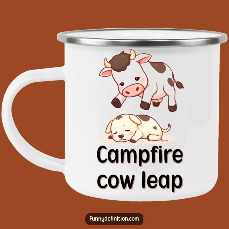Funny Cow Jumping Dog Camping Mug - Hilarious Farm Adventure Gift