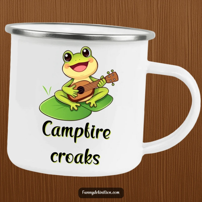 Funny cheerful frog playing a ukulele on a durable camping mug, ideal for musical outdoor trips.