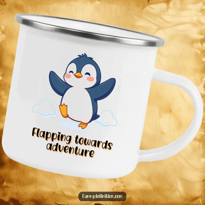 Funny Camping Mug showing a determined penguin trying to fly with its flippers, ideal for outdoor ambition and humor.
