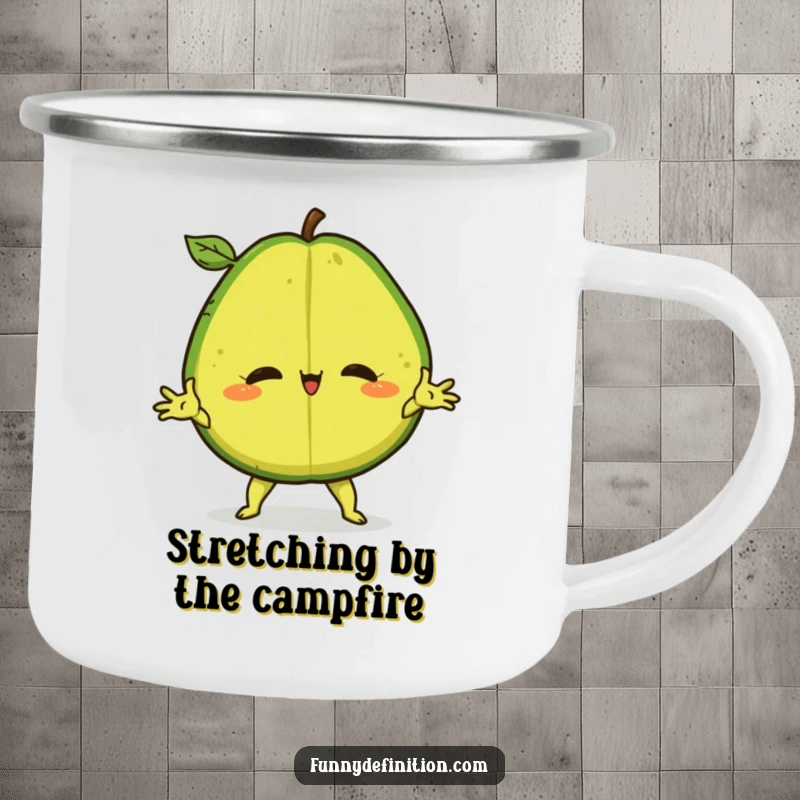 Funny Camping Mug showing a confident avocado doing a dramatic split, ideal for outdoor humor.