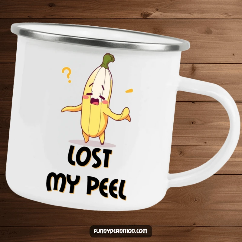 Funny camping mug featuring a bewildered banana hilariously peeling itself, perfect for outdoor fun and confusion.