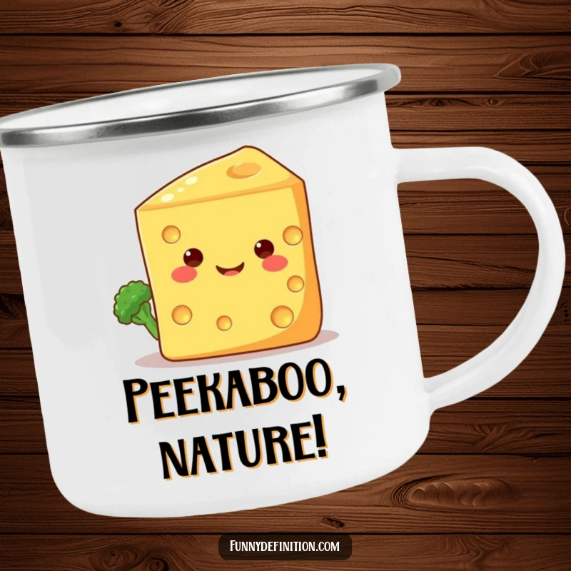 Funny camping mug featuring a shy broccoli floret peeking from behind a giant, smiling cheese wedge, ideal for outdoor lovers who enjoy cute designs.