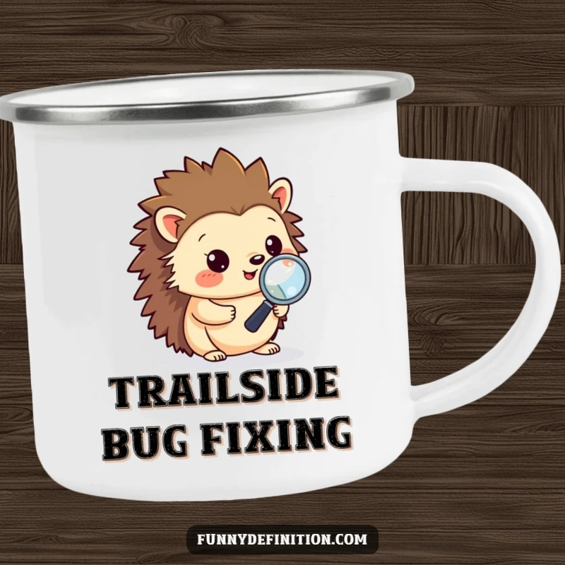 Funny camping mug featuring a hedgehog diligently debugging code with a magnifying glass, designed for programmers who enjoy the outdoors and humor.