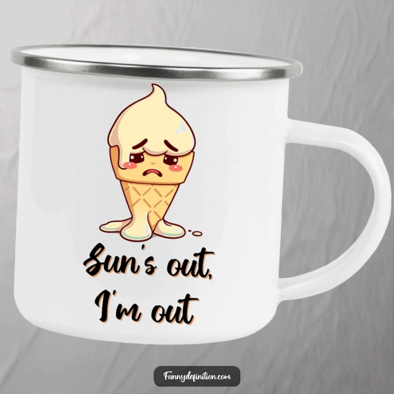 Funny camping mug showing a melting ice cream cone with a worried expression, bringing sweet humor to outdoor adventures.