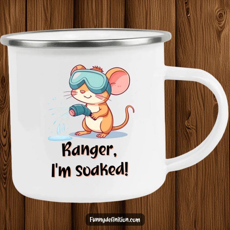 Funny camping mug with a mouse in goggles accidentally spraying water from a hose, ideal for humorous outdoor moments.