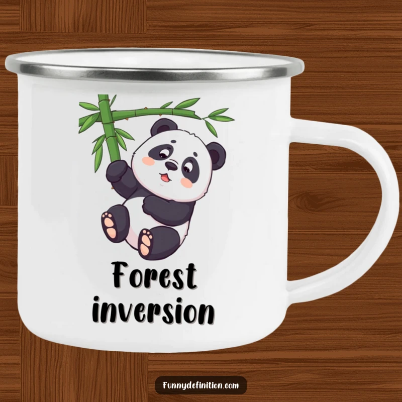 Funny panda attempting to hang upside down from a bamboo branch, perfect for a humorous camping mug.