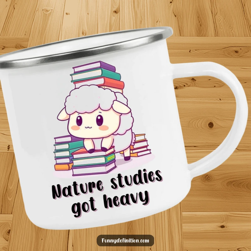 Funny sheep camping mug with a startled sheep under a pile of books, perfect for outdoor enthusiasts who appreciate humor.