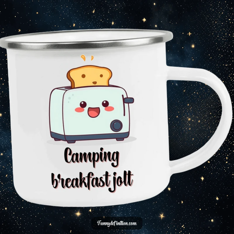 Funny camping mug with a piece of toast dramatically popping out of a toaster, bringing breakfast humor to the great outdoors.