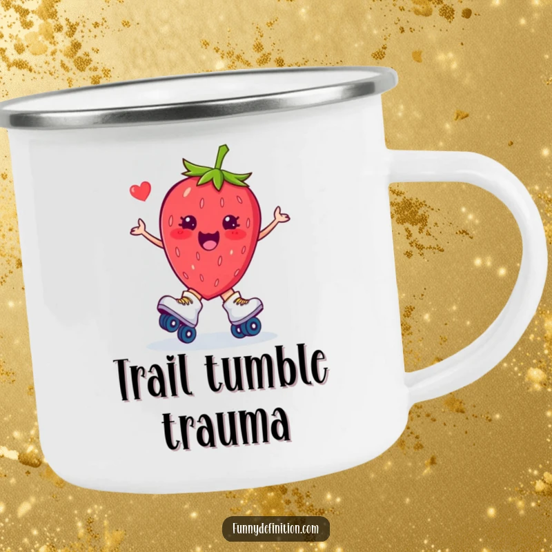 Funny, durable camping mug featuring a plump strawberry on roller skates, hilariously tripping, ideal for outdoor humor.