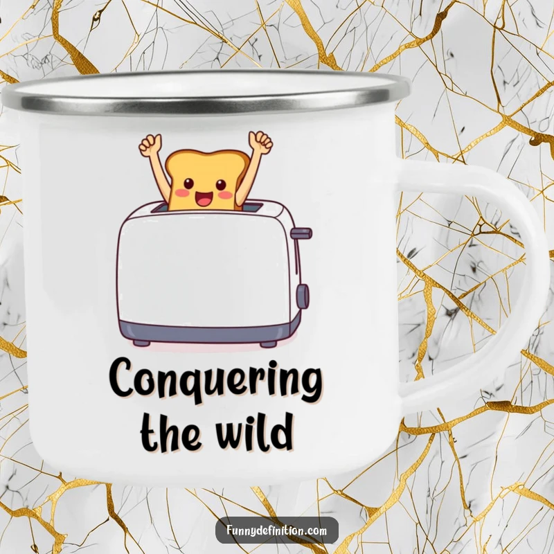 Funny cheerful toast jumping from a toaster with arms raised in triumph on a durable camping mug.