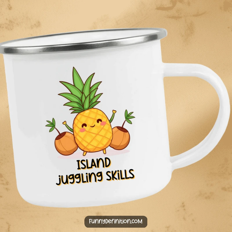 Funny camping mug featuring a cheerful pineapple juggling coconuts, ready for any tropical adventure.