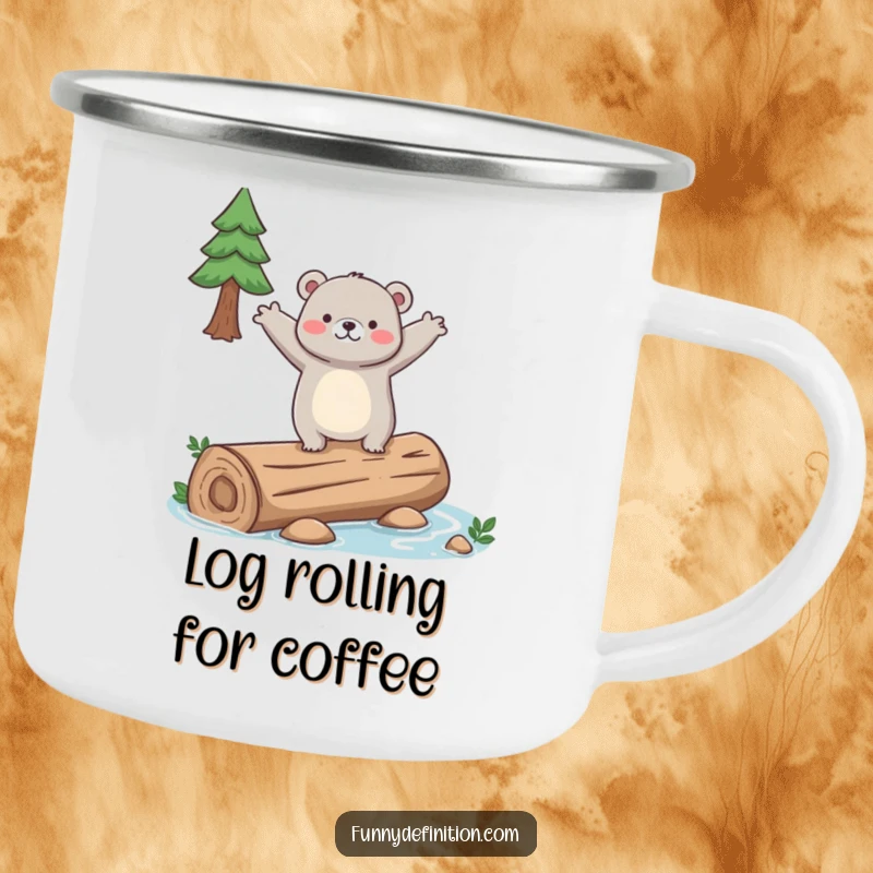 Funny camping mug with a clumsy bear attempting to balance on a slippery log, arms out wide, for outdoor laughs.