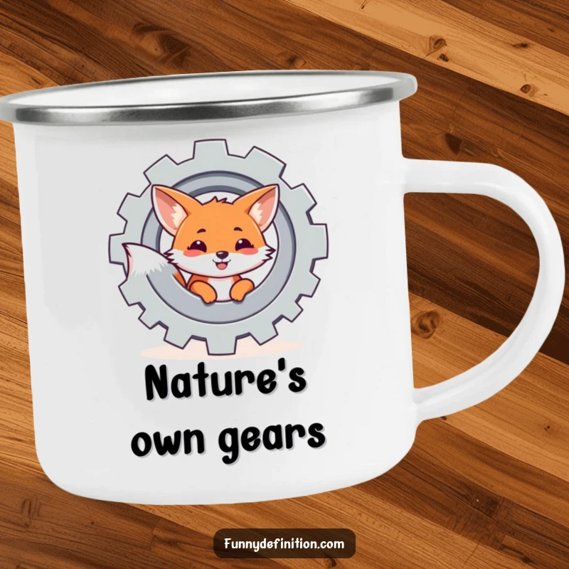 Funny camping mug featuring a fox peeking from behind a spinning gear, designed for outdoor enthusiasts who enjoy clever humor.