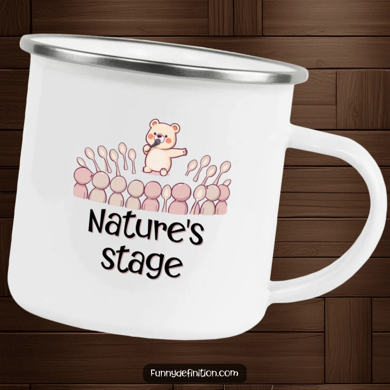Funny and durable enamel camping mug with a tiny bear singing opera to spoons, ideal for humorous outdoor enjoyment.