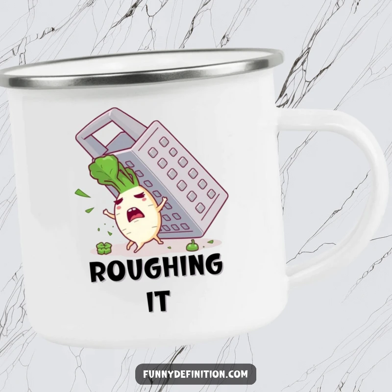 Funny camping mug showing a panicked radish character attempting to evade a giant grater, bringing comedic relief to the outdoors.