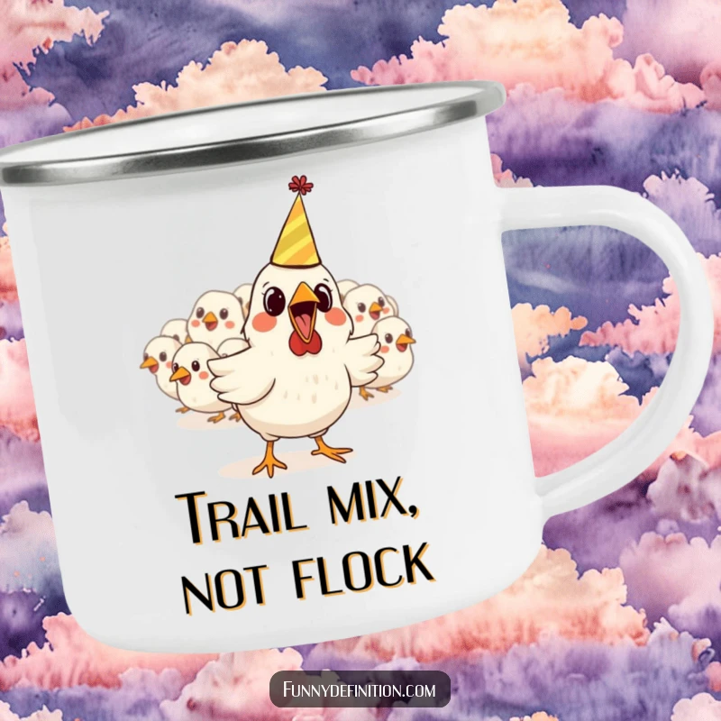 Funny camping mug featuring a startled chicken in a party hat making a comical escape, ready for campfire stories and outdoor fun.