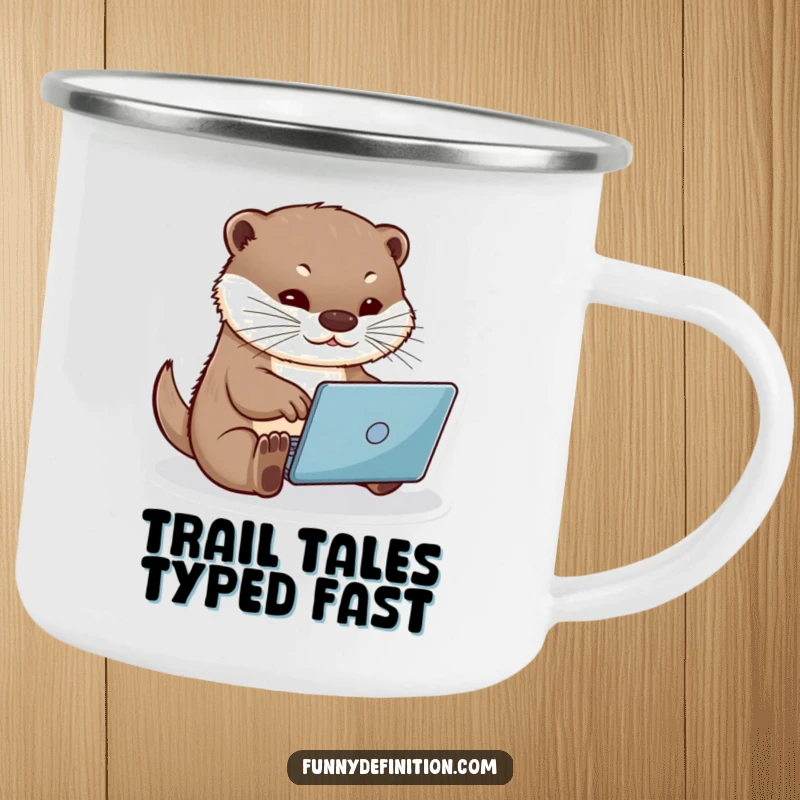 Funny otter typing on a tiny laptop, etched on a rugged camping mug, perfect for outdoor enthusiasts, funny gift mug.