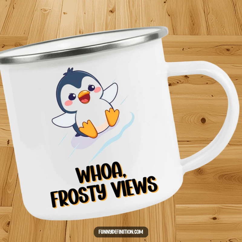 Funny camping mug depicting a startled penguin with a comically surprised expression, sliding down an icy slope.