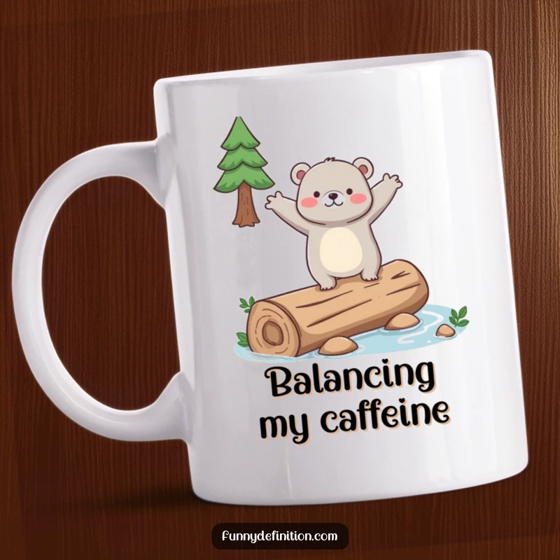 Funny mug featuring a clumsy bear attempting to balance on a slippery log, arms out wide.