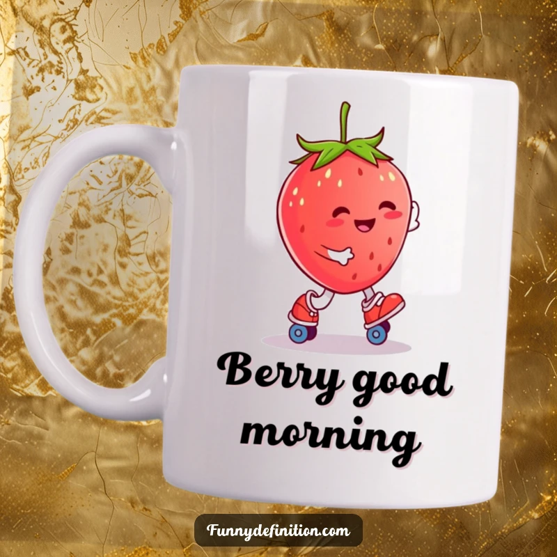Funny, plump strawberry smiling while attempting to roller skate on a humorous mug.
