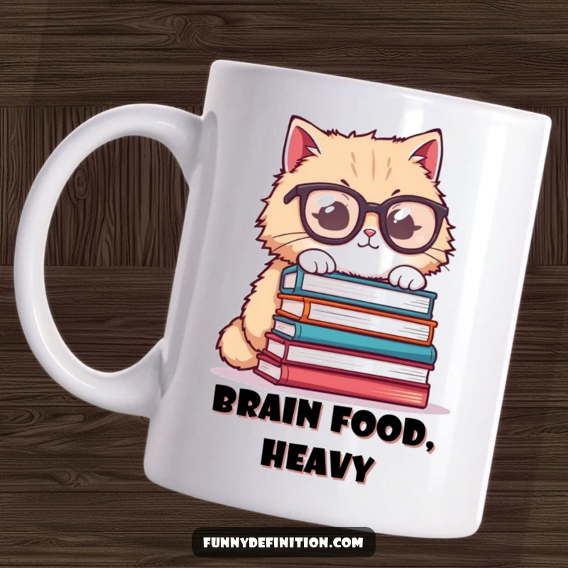 Funny cat mug, fluffy cat wearing oversized glasses struggling to balance books, a humorous and relatable design for readers.