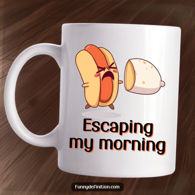 Funny mug featuring a nervous hot dog frantically trying to escape a chasing bun, embodying comedic food drama and urgency.